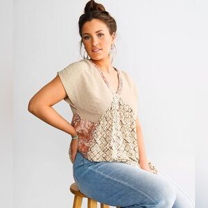 Bohemian Patchwork V-Neck Top buckle gimmicks